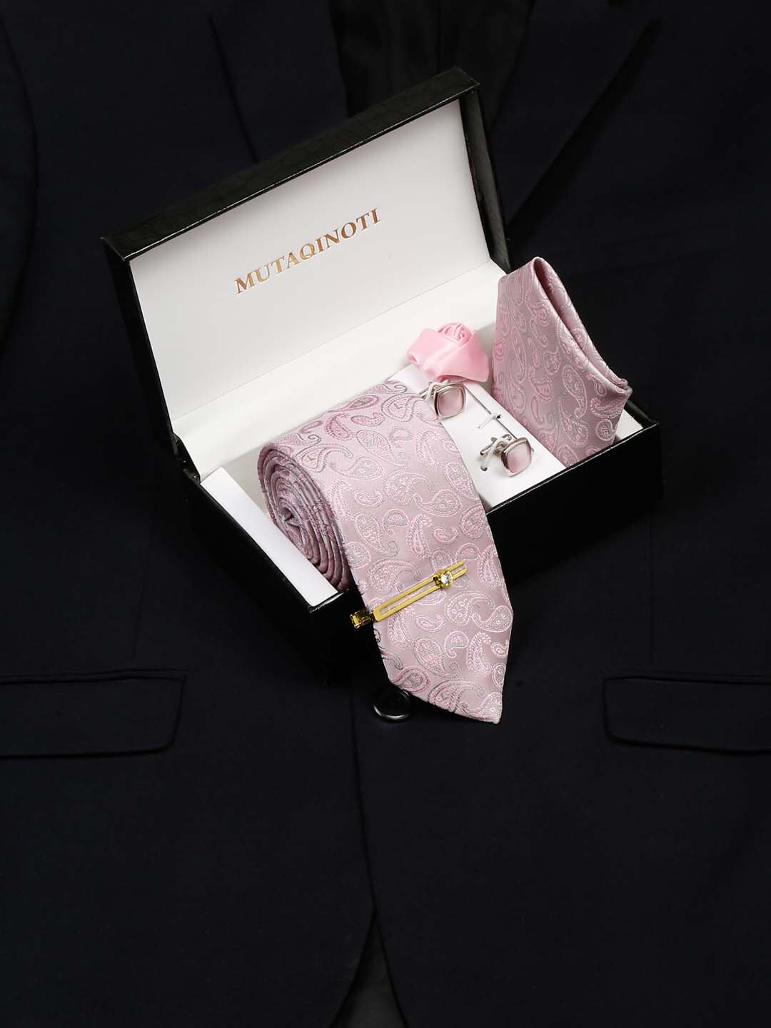 

MUTAQINOTI Printed Silk Necktie Accessory Gift Set, Pink