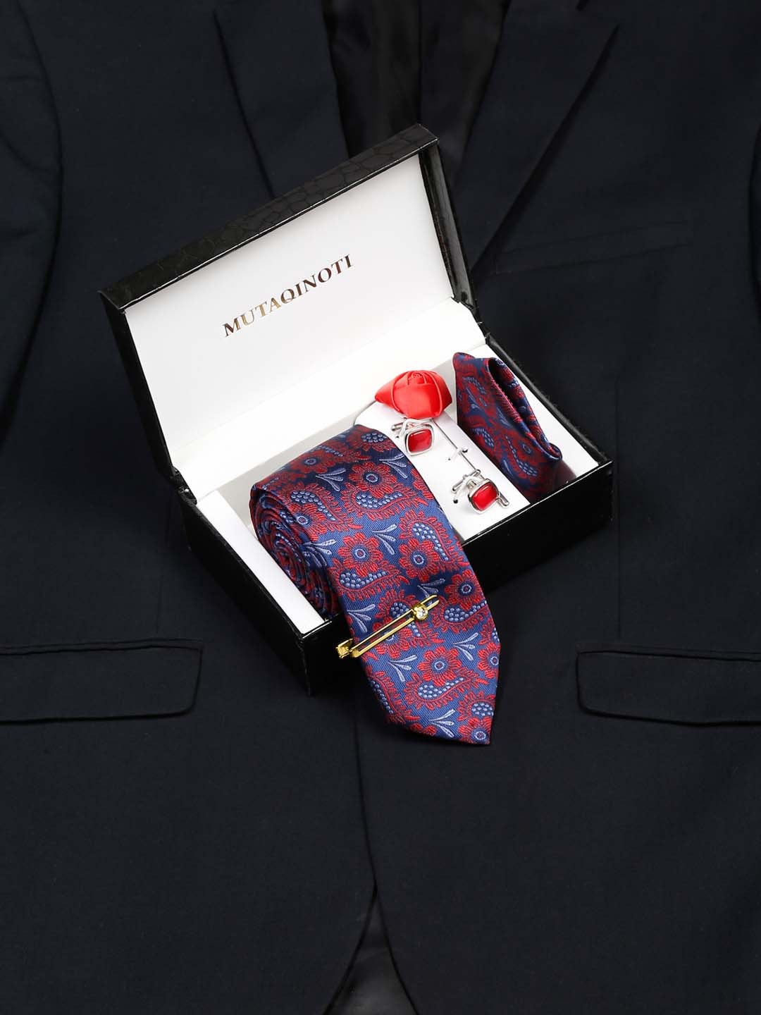 

MUTAQINOTI Men Silk Necktie Accessory Gift Set, Red