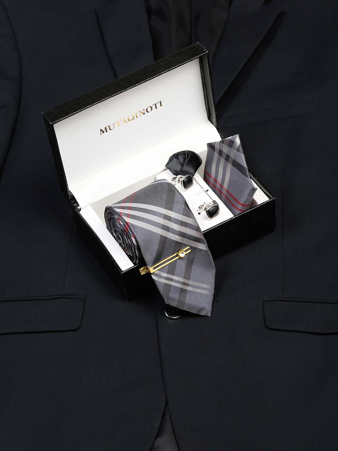 

MUTAQINOTI Men Silk Necktie Accessory Gift Set, Grey