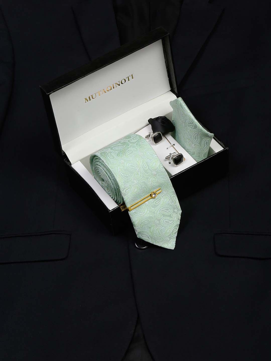 

MUTAQINOTI Men Micro Silk Necktie Accessory Gift Set, Green