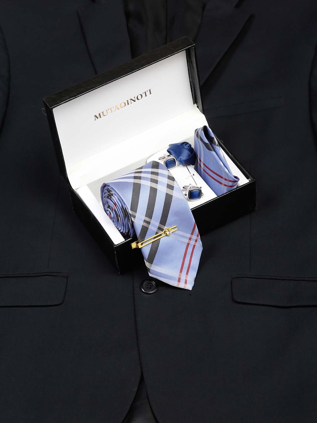 

MUTAQINOTI Men Micro Silk Necktie Accessory Gift Set, Blue