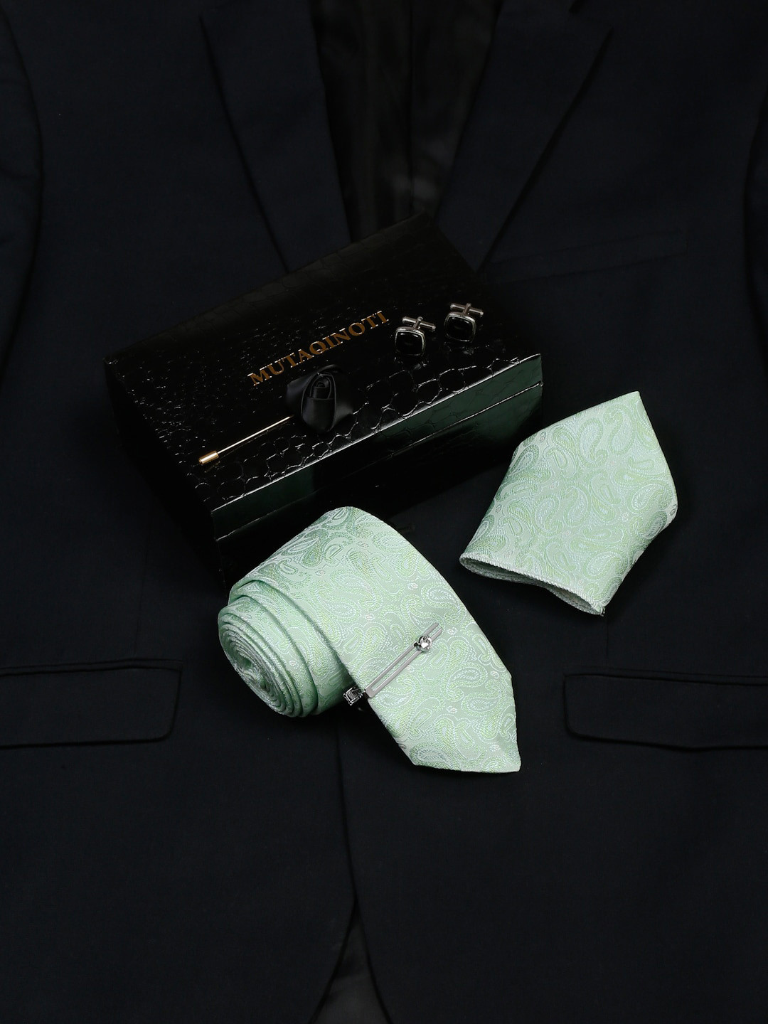 

MUTAQINOTI Men Silk Necktie Accessory Gift Set, Green