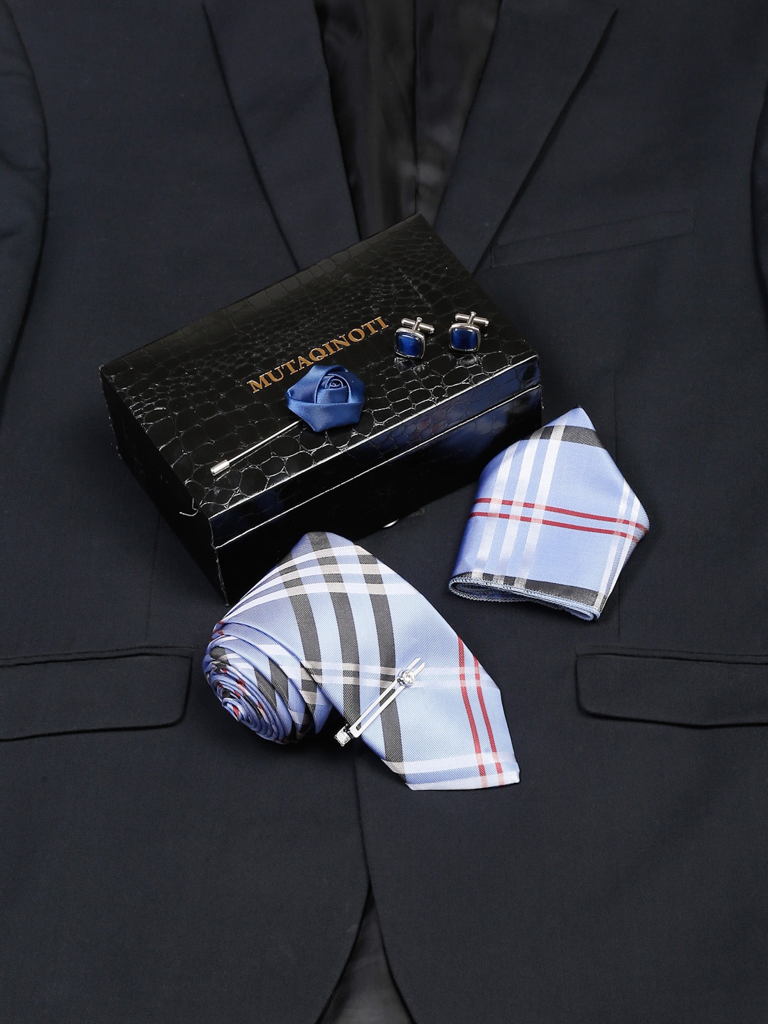 

MUTAQINOTI Men Checked Micro Silk Necktie Accessory Gift Set, Blue