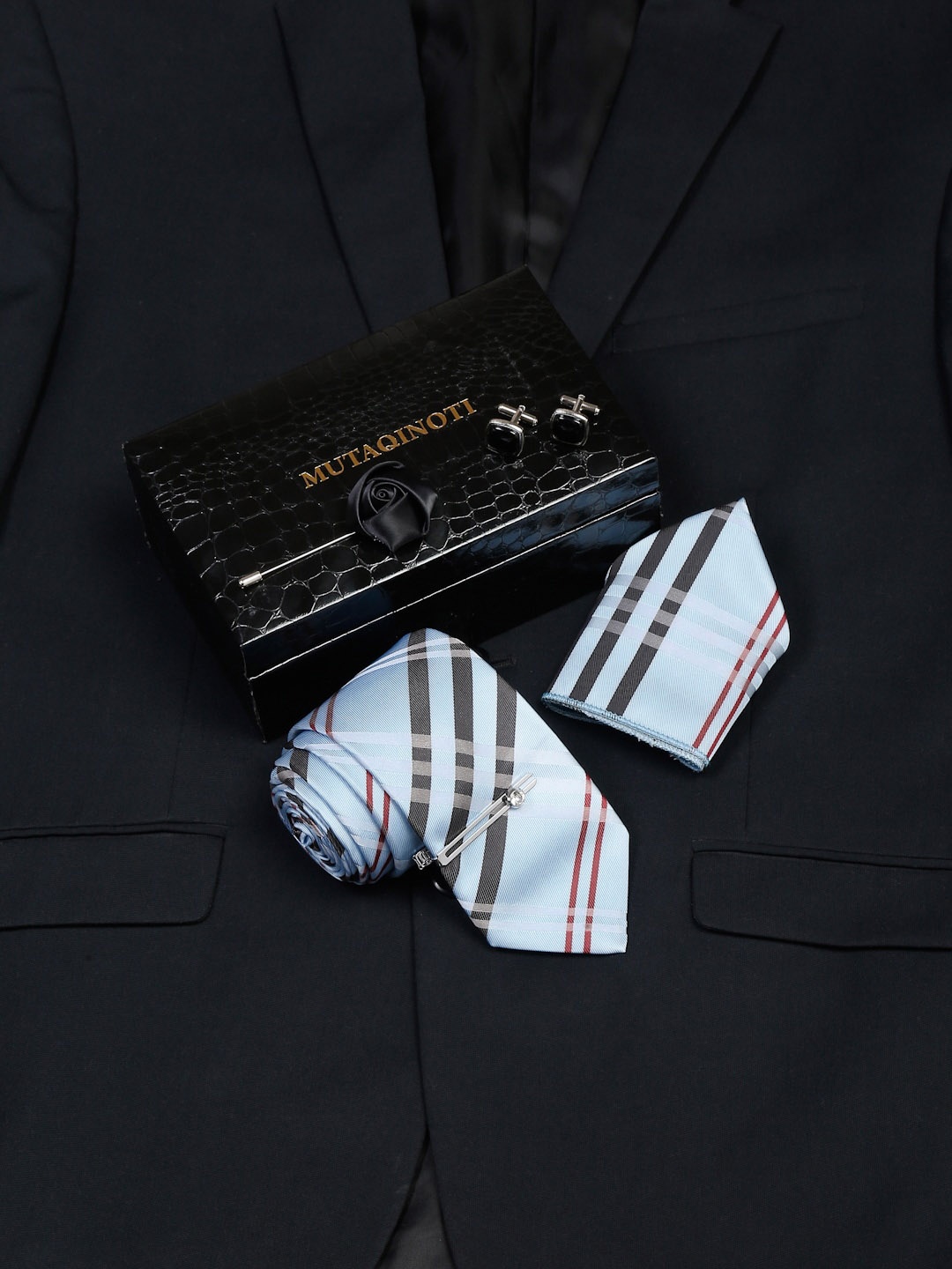 

MUTAQINOTI Men Micro Silk Necktie Accessory Gift Set, Blue