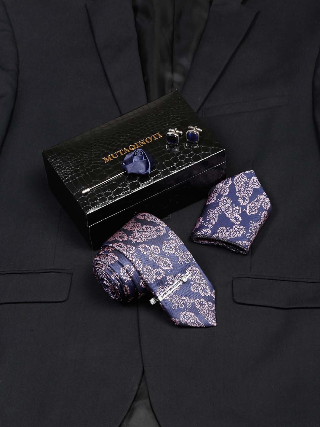 

MUTAQINOTI Men Ethnic Motifs Printed Micro Silk Necktie Accessory Gift Set, Blue