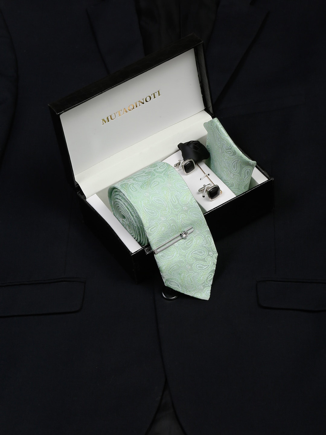 

MUTAQINOTI Men Micro Silk Necktie Accessory Gift Set, Green