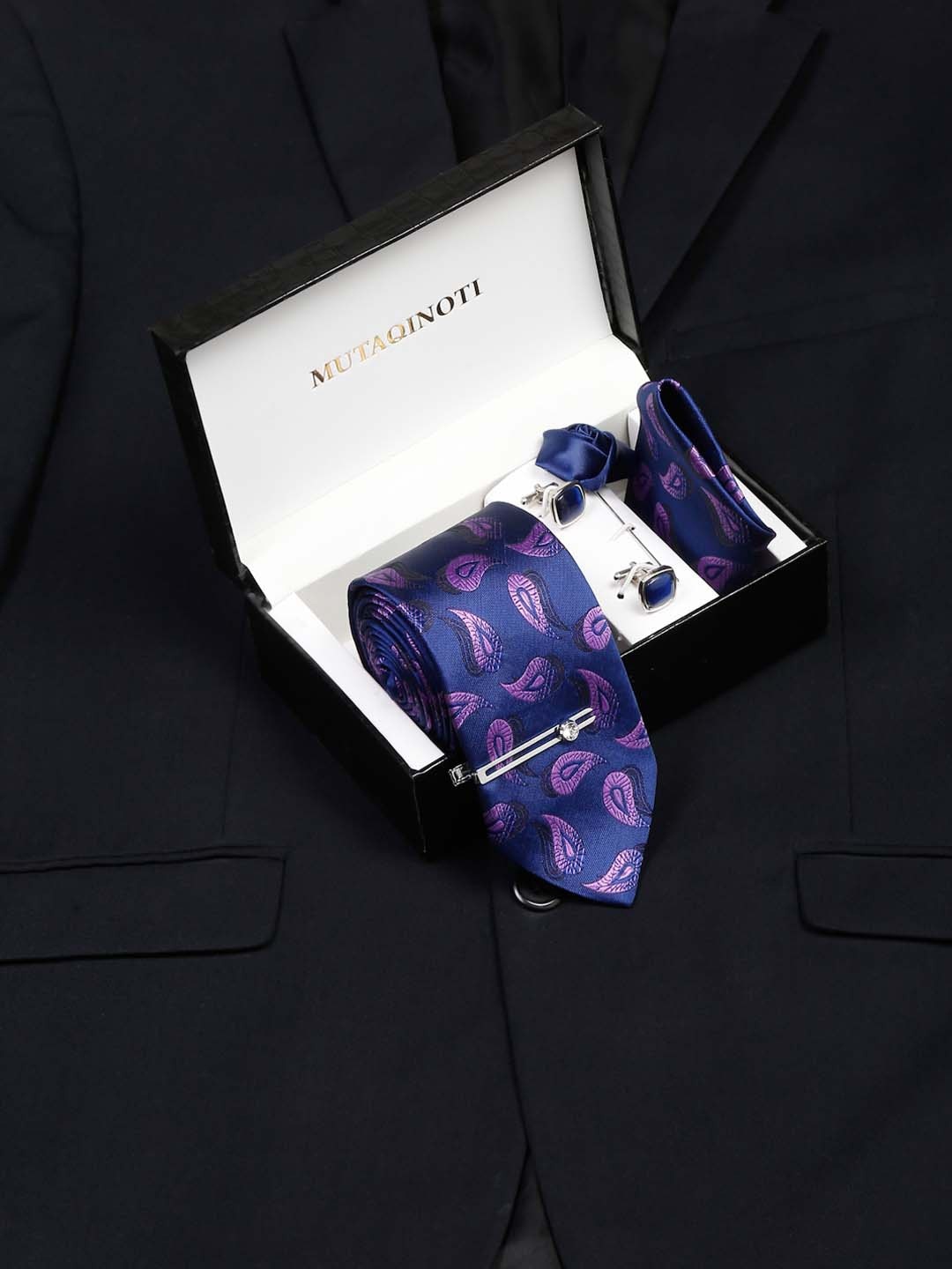 

MUTAQINOTI Men Silk Necktie Accessory Gift Set, Blue