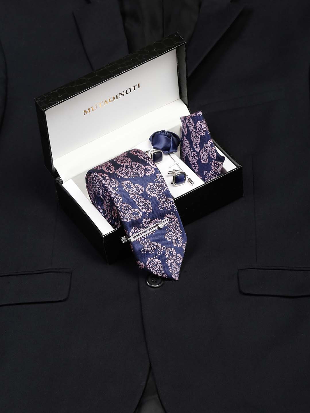 

MUTAQINOTI Men Printed Silk Necktie Accessory Gift Set, Blue