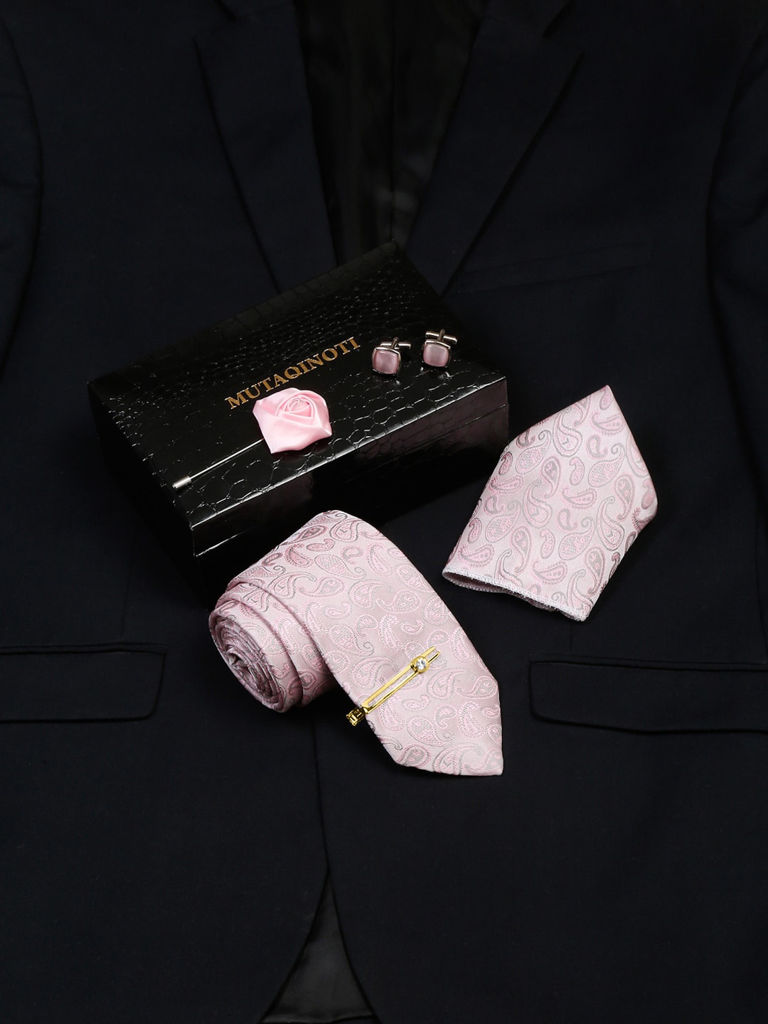 

MUTAQINOTI Men Micro Silk Necktie Accessory Gift Set, Pink