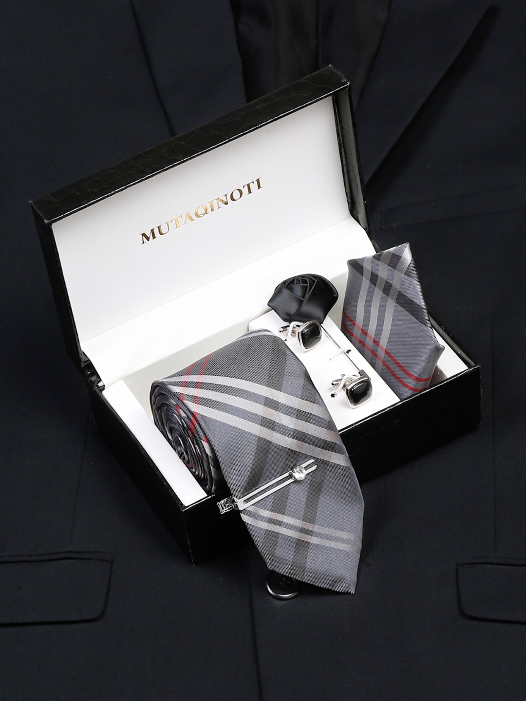 

MUTAQINOTI Men Silk Necktie Accessory Gift Set, Grey