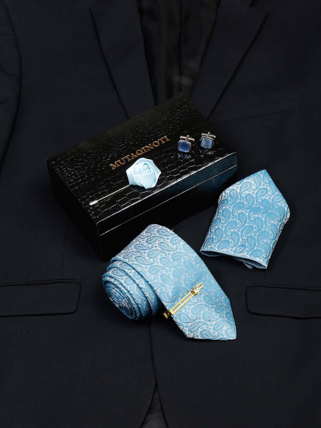 

MUTAQINOTI Men Uranian Blue Micro Silk Necktie Accessory Gift Set