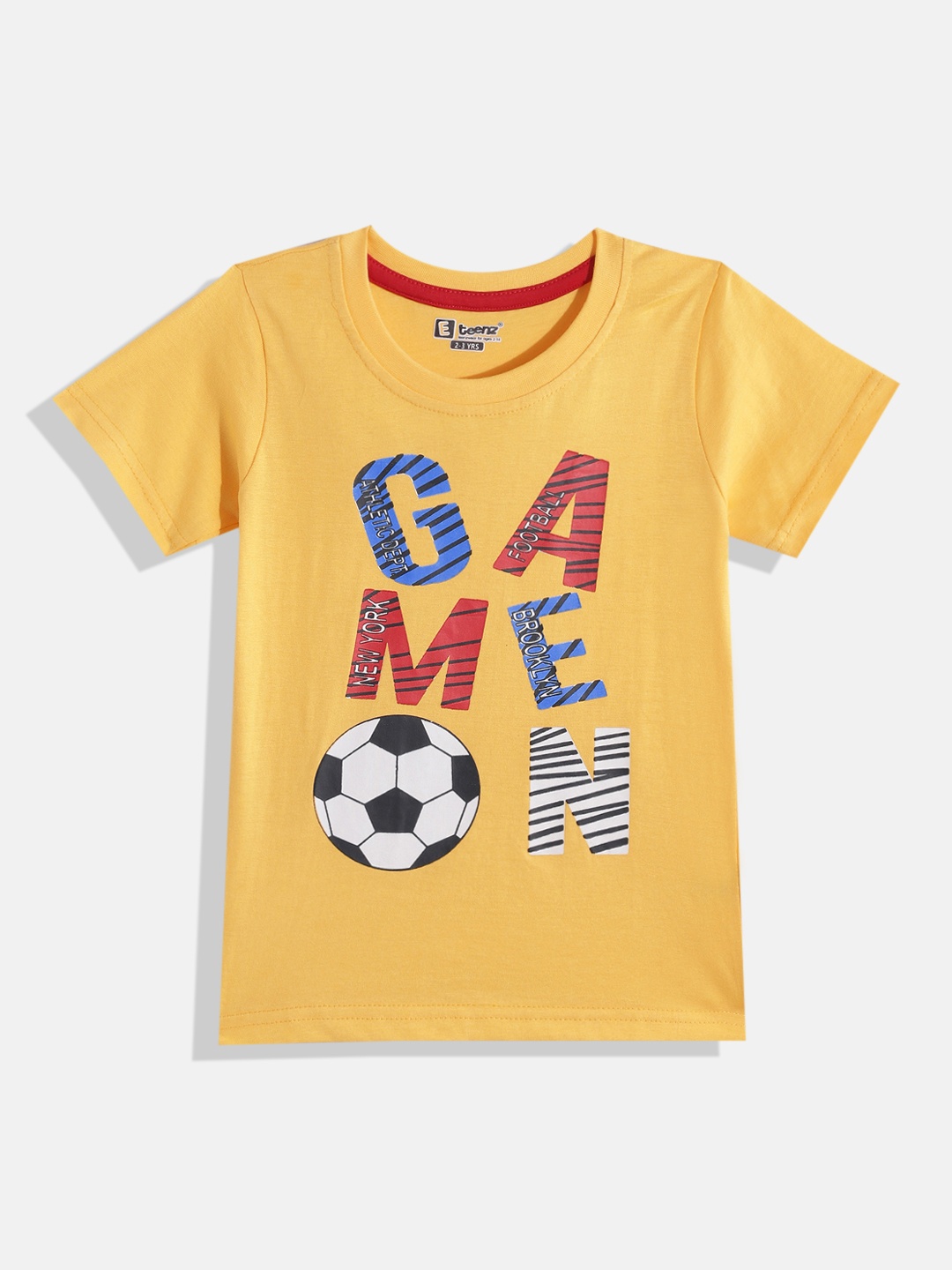 

Eteenz Boys Typography & Graphic Printed Premium Cotton T-shirt with Striped Detail, Yellow