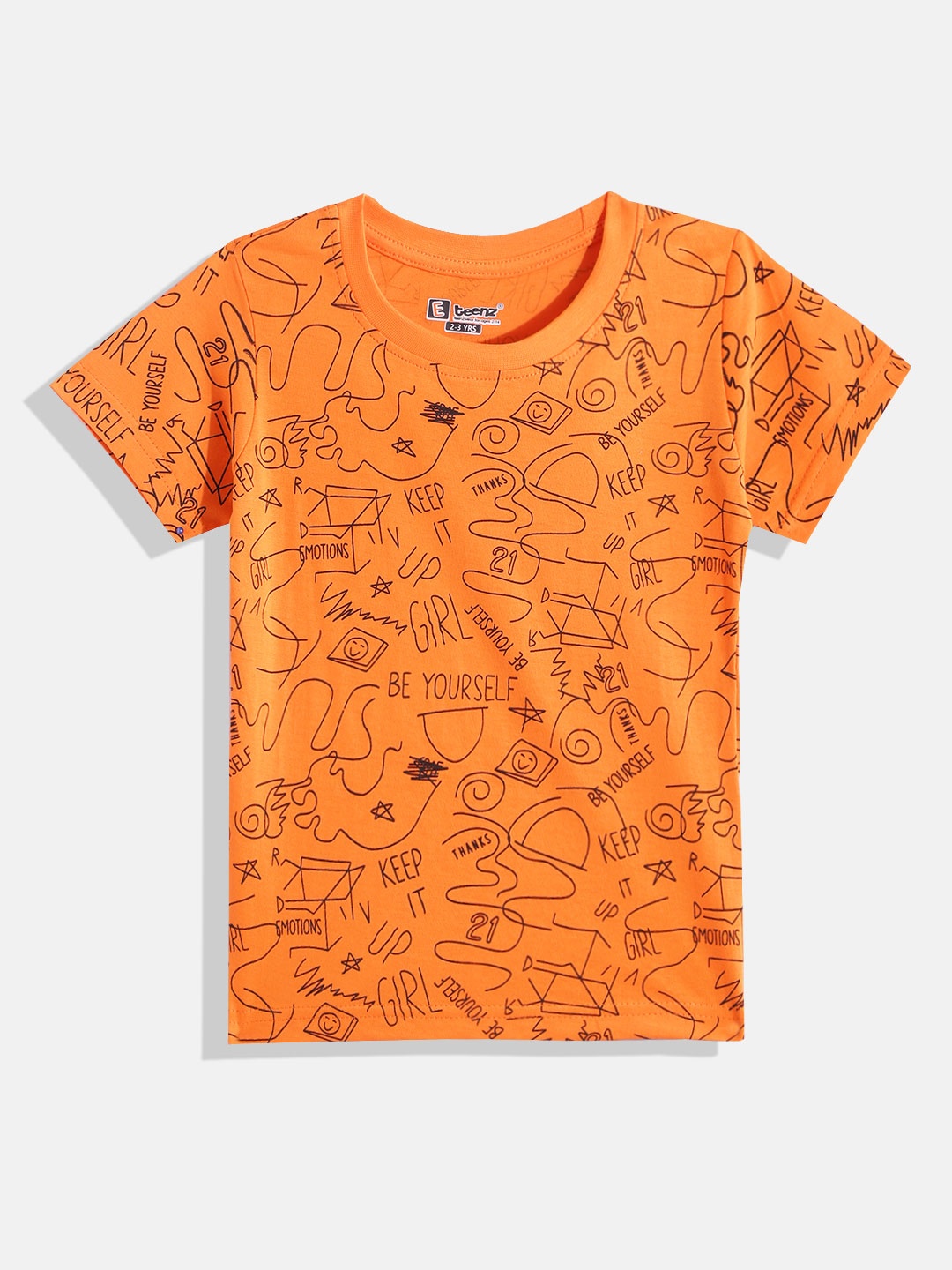 

Eteenz Boys Geometric & Typography Printed Premium Cotton T-shirt, Orange