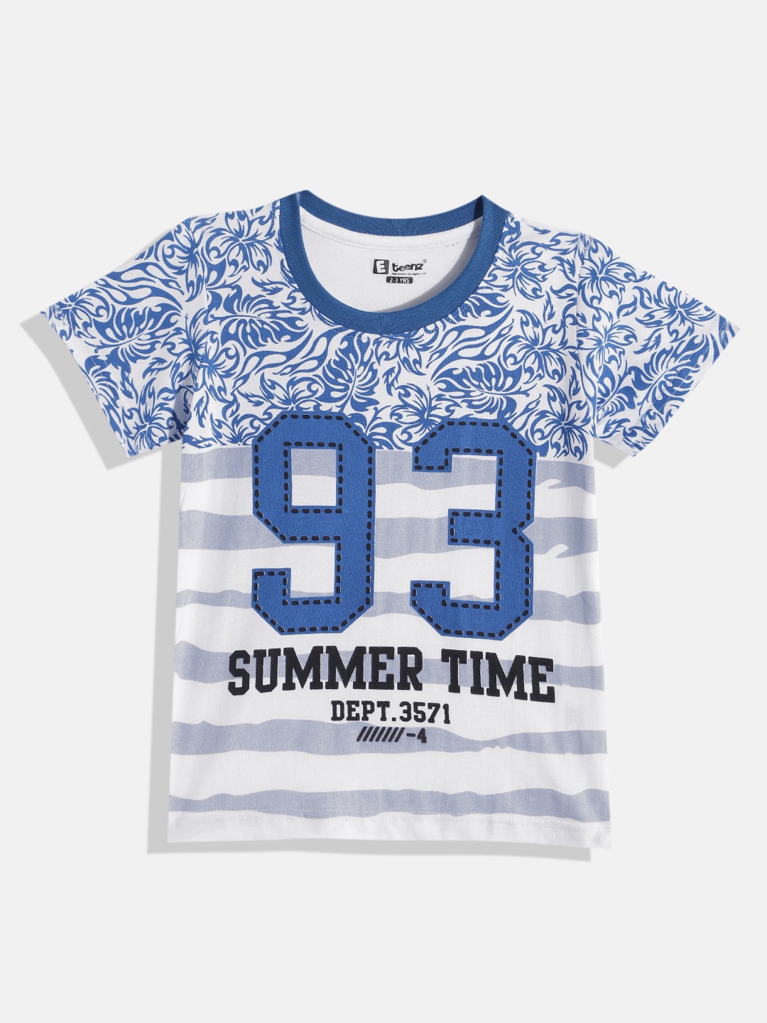 

Eteenz Boys Floral & Typography Printed Premium Cotton T-shirt with Striped Detail, White