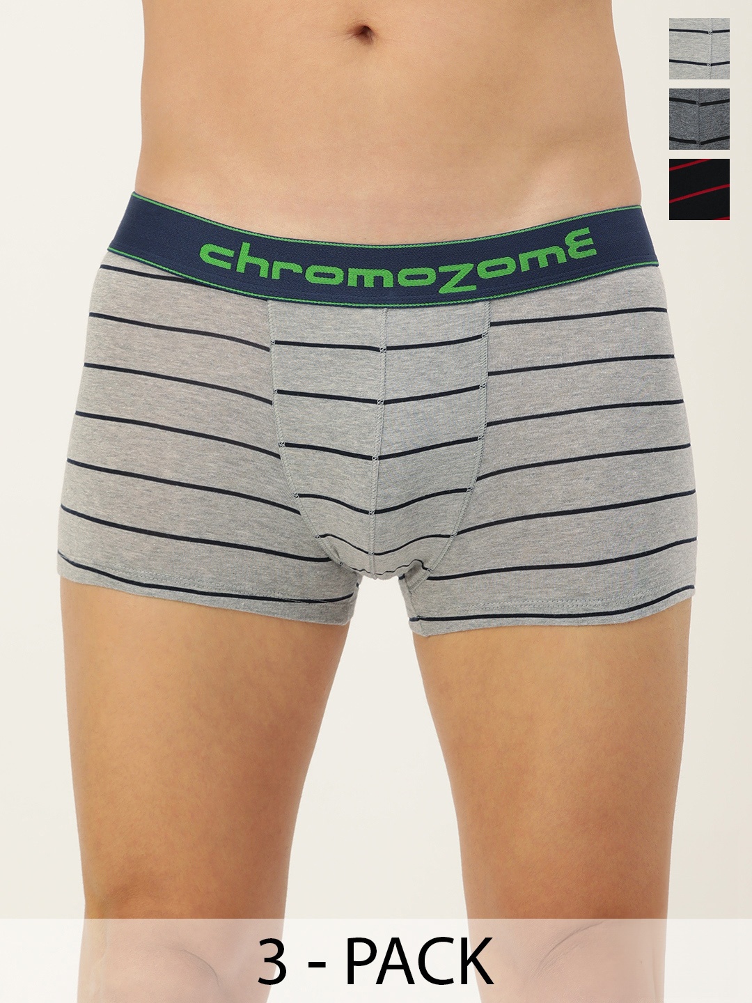 

Chromozome Men Pack of 3 Mid-Rise Striped Trunks 8902733651684, Black