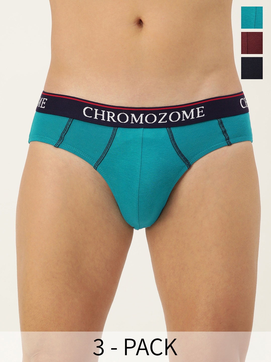 

Chromozome Men Pack of 3 Mid-Rise Pure Cotton Briefs 8902733648585, Turquoise blue