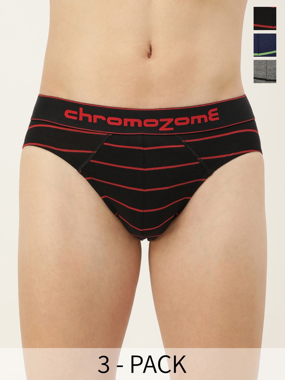 

Chromozome Men Pack of 3 Mid-Rise Striped Briefs 8902733649582, Black