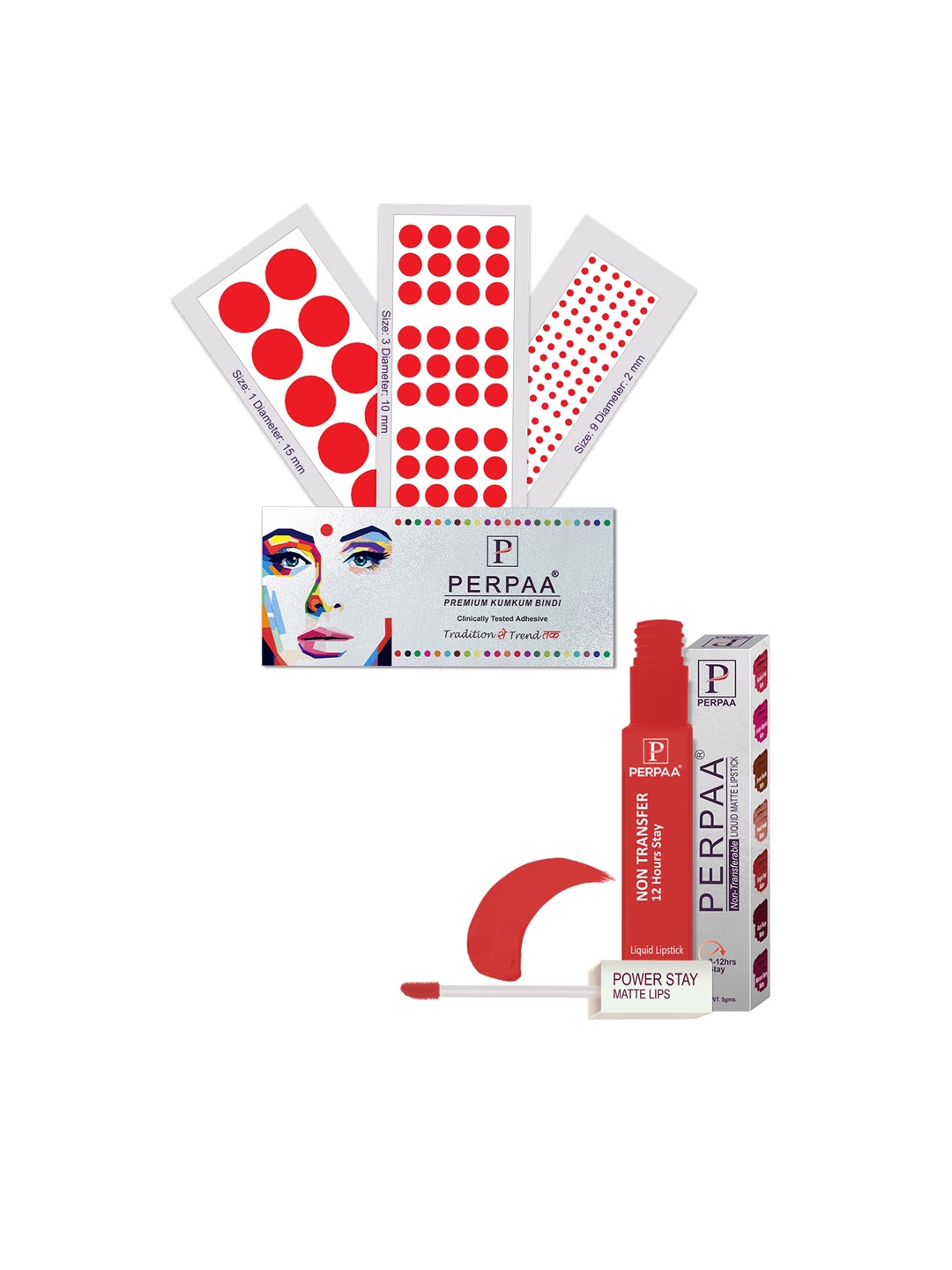 

PERPAA Power Stay Non Transfer Lipstick-01 & Set of 3 Premium Red Bindis - Size 01,03,09