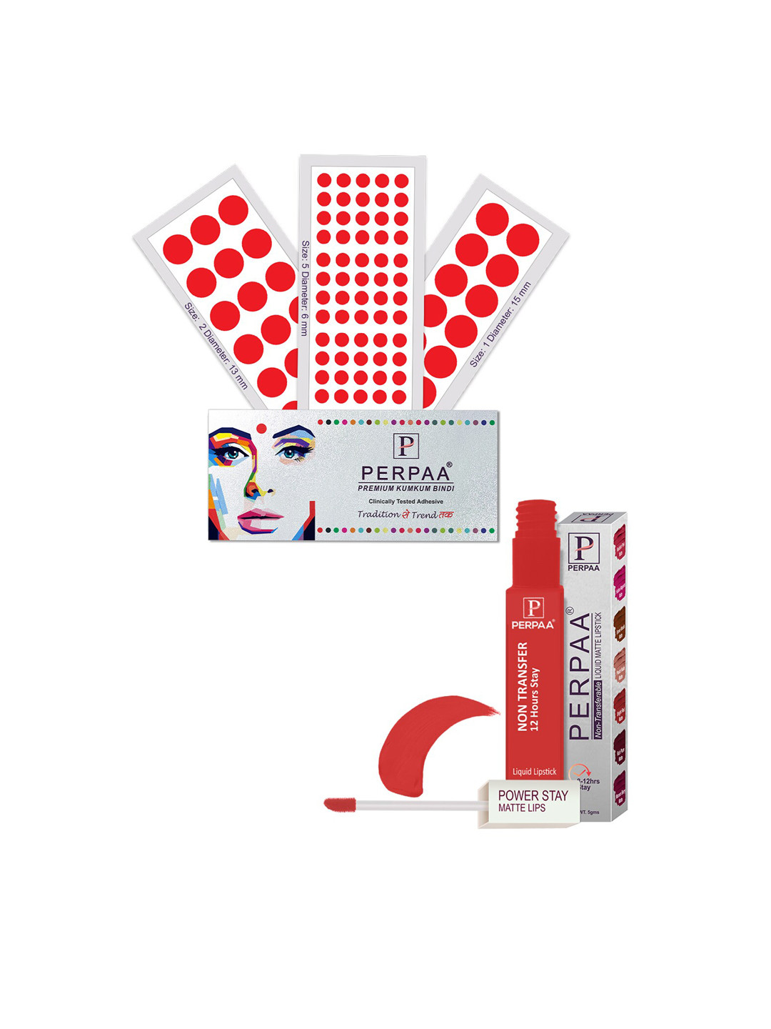

PERPAA Power Stay Non Transfer Lipstick-01 & Set of 3 Premium Maroon Bindis -Size 01,02,05, Red