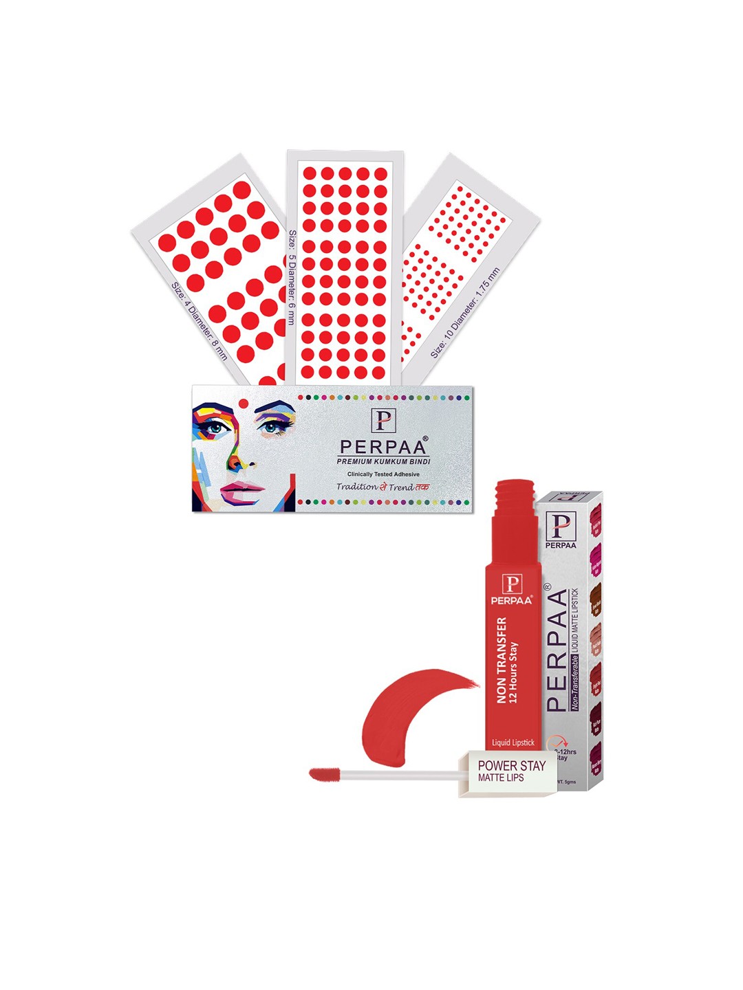 

PERPAA Power Stay Non Transfer Lipstick-01 & Set of 3 Premium Red Bindis - Size 04,05,10