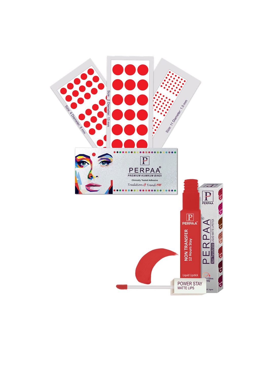 

PERPAA Power Stay Non Transfer Lipstick-01 & Set of 3 Premium Red Bindis- Size 02,11,04