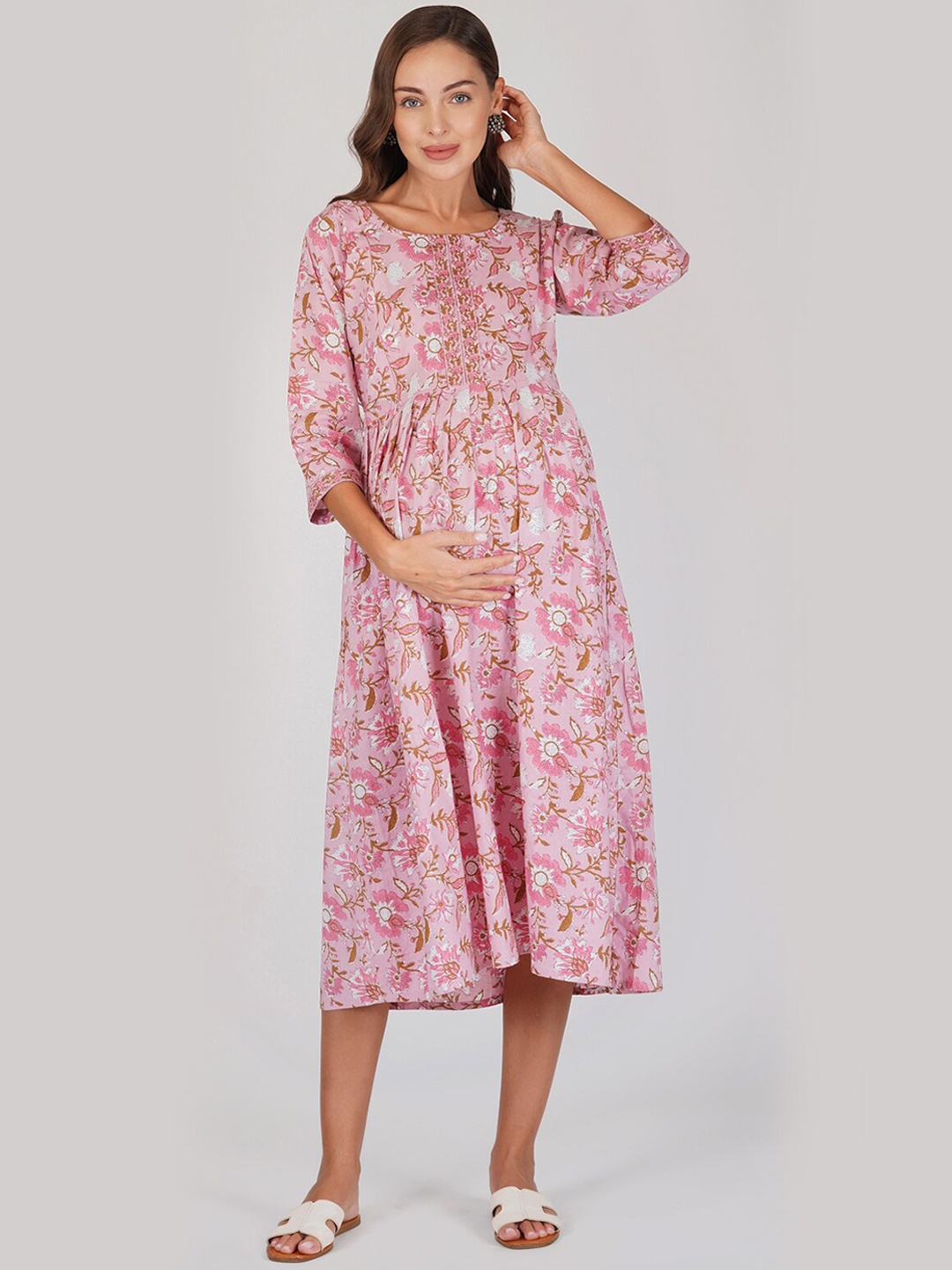 

RATAN Floral Printed Pure Cotton Maternity A-Line Dress, Pink