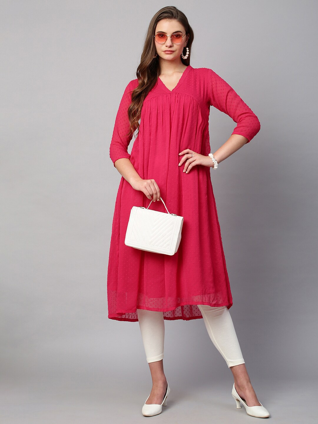 

RATAN Self Designed V-Neck Gathered Dobby Anarkali Kurta, Pink