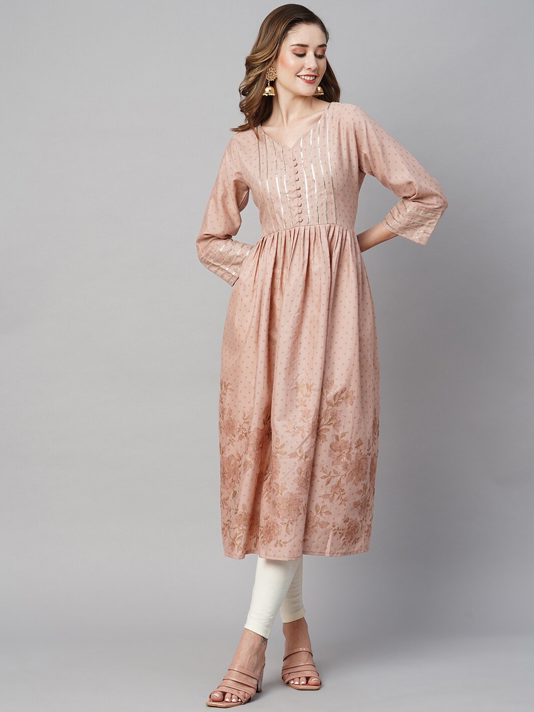 

RATAN Embroidered Floral Printed Zari Worked Anarkali Kurta, Pink