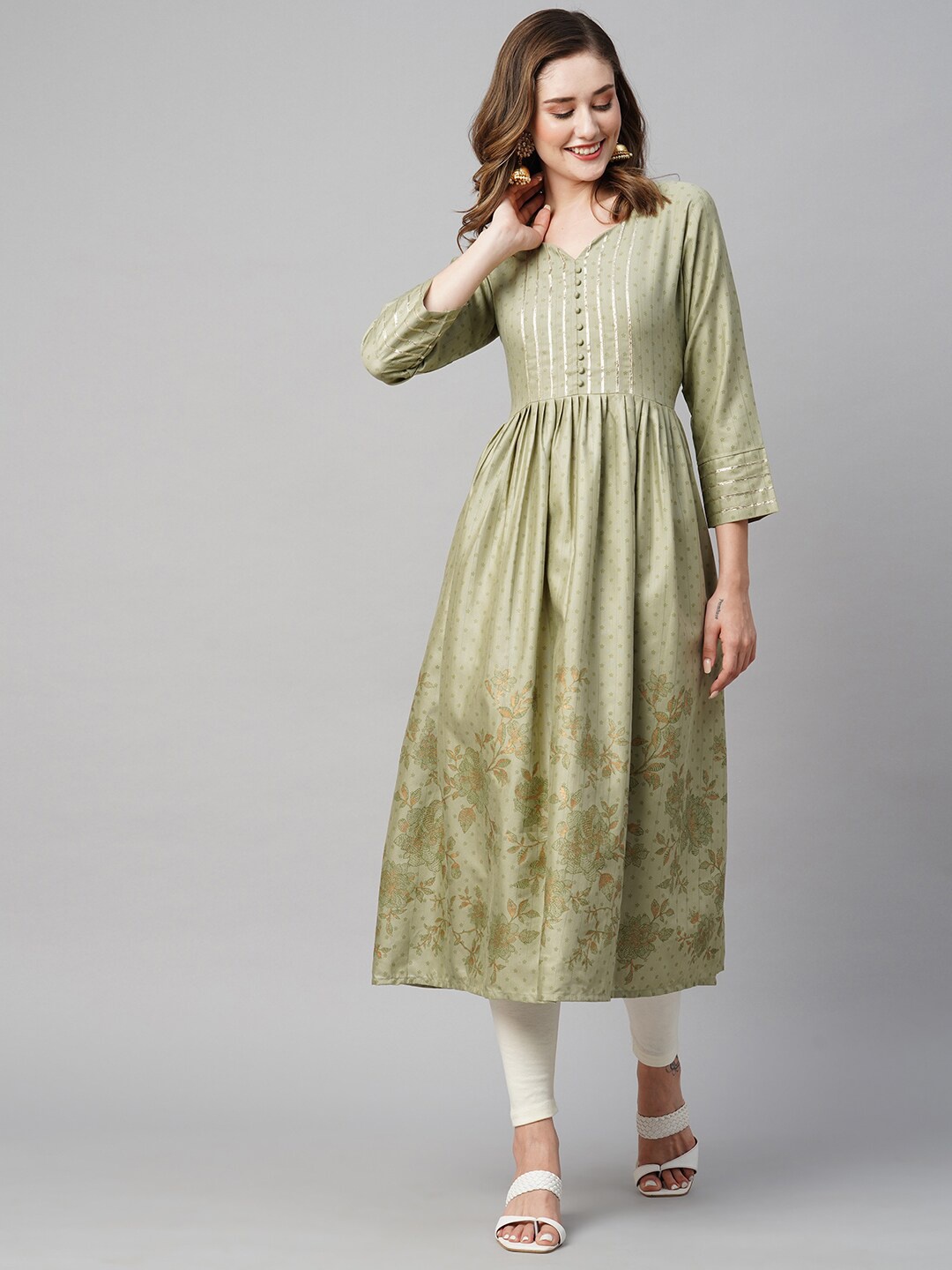 

RATAN Embroidered Floral Printed Zari Worked Anarkali Kurta, Olive