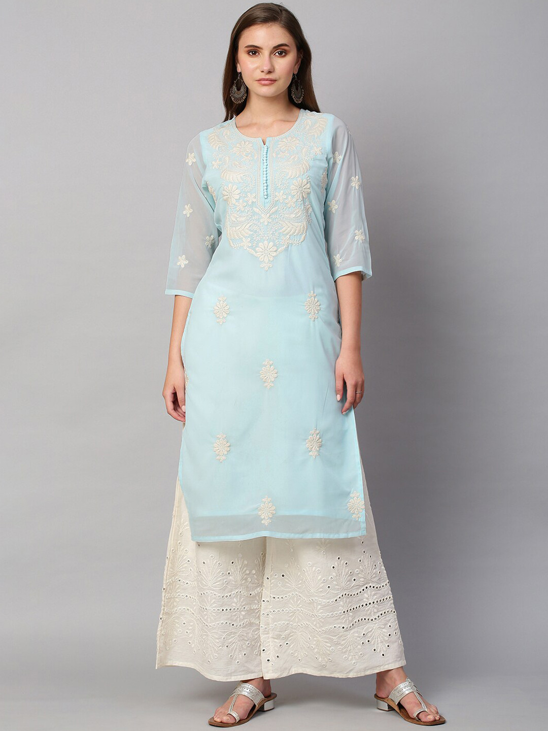 

RATAN Floral Embroidered Chikankari Round Neck Regular Kurta, Blue