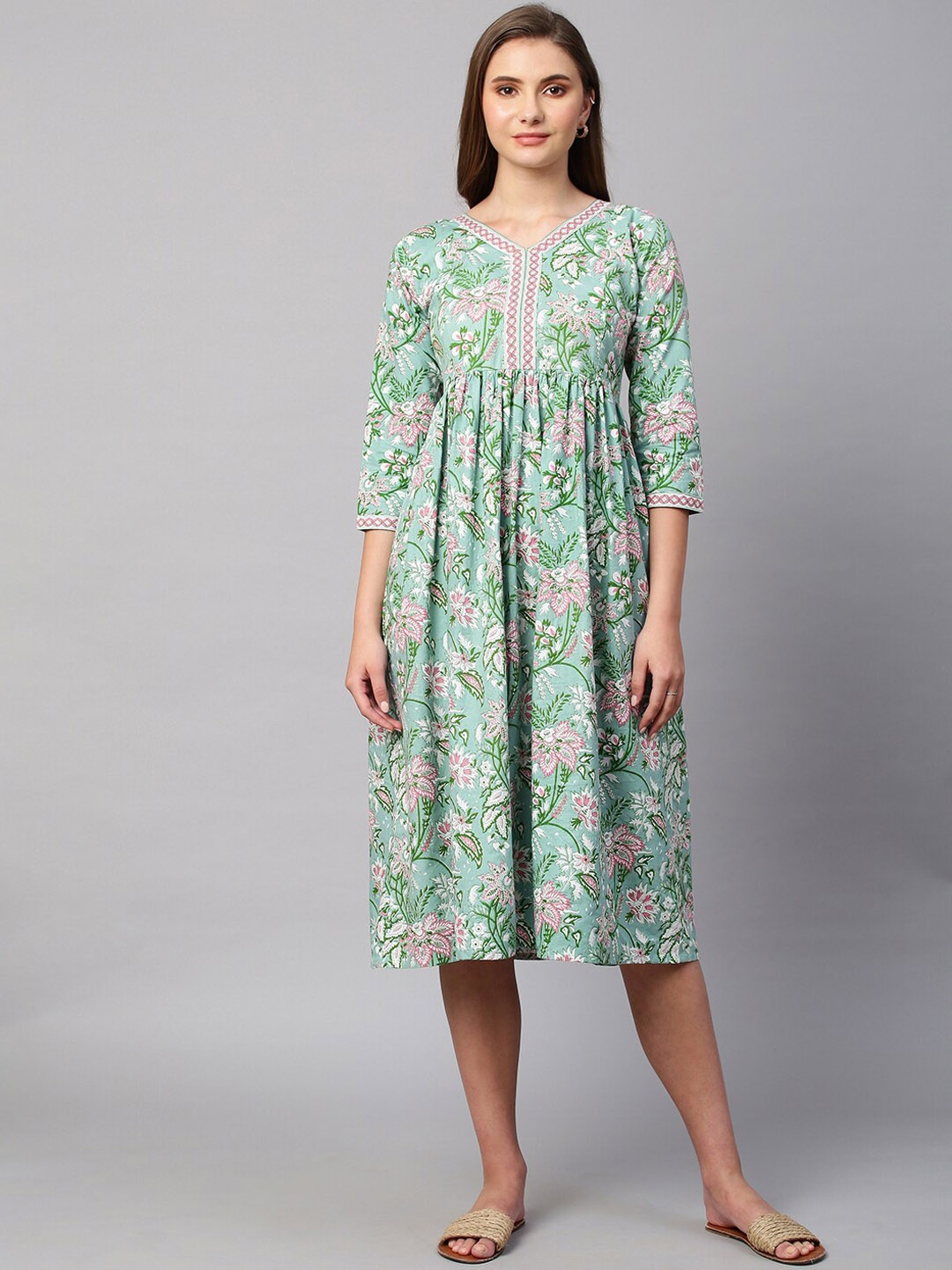 

RATAN Floral Printed Pure Cotton Maternity Fit & Flare Dress, Olive