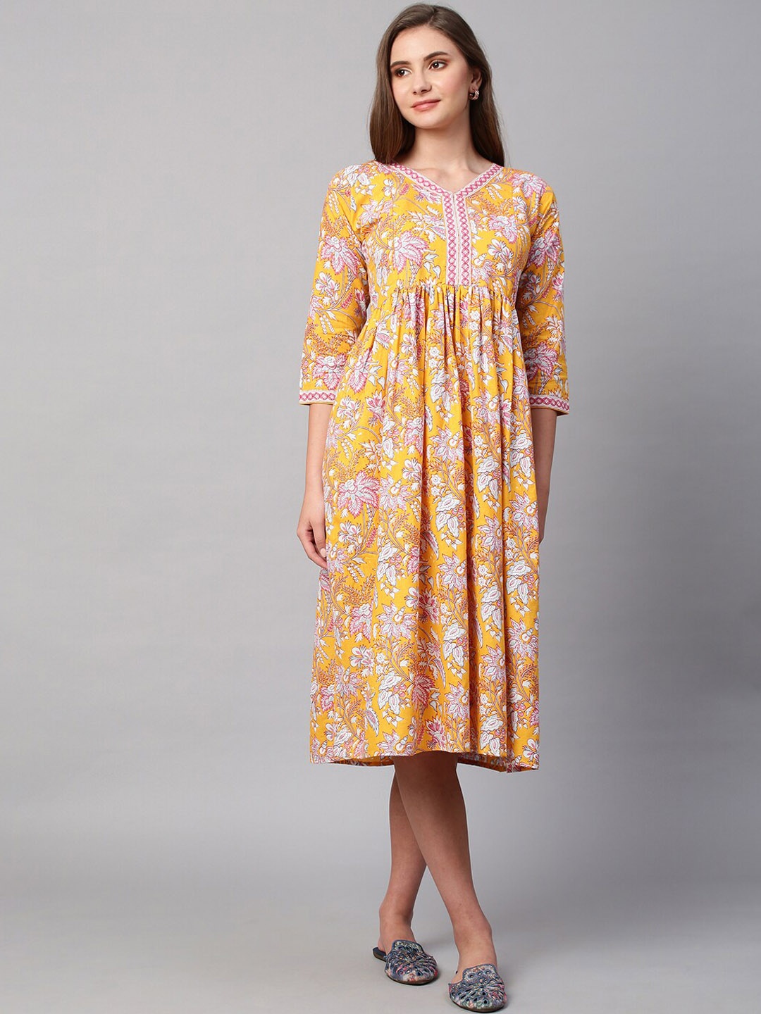 

RATAN Floral Printed Pure Cotton Maternity A-Line Dress, Yellow