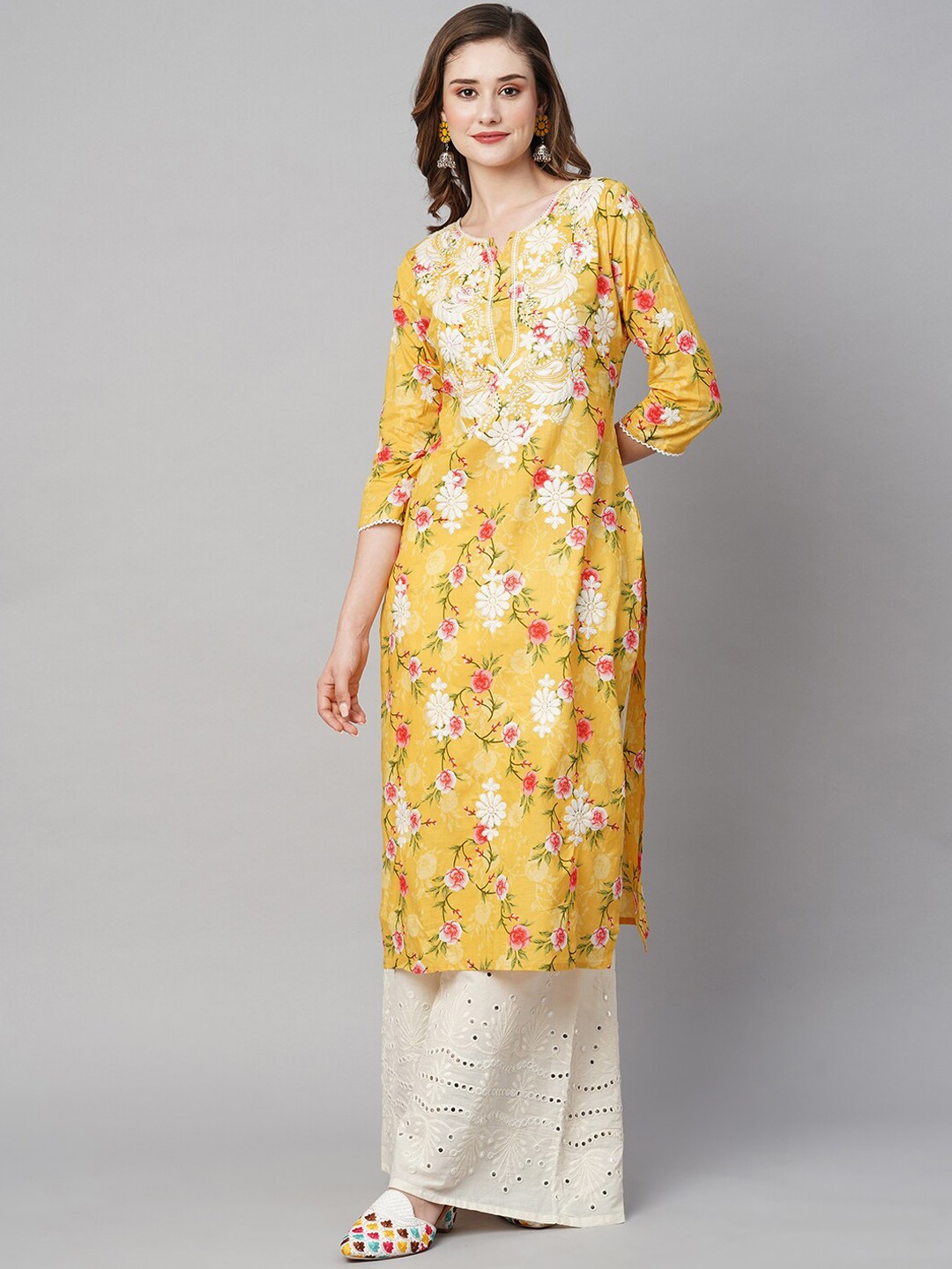 

RATAN Floral Screen Printed Thread Work Pure Cotton Straight Kurta, Yellow