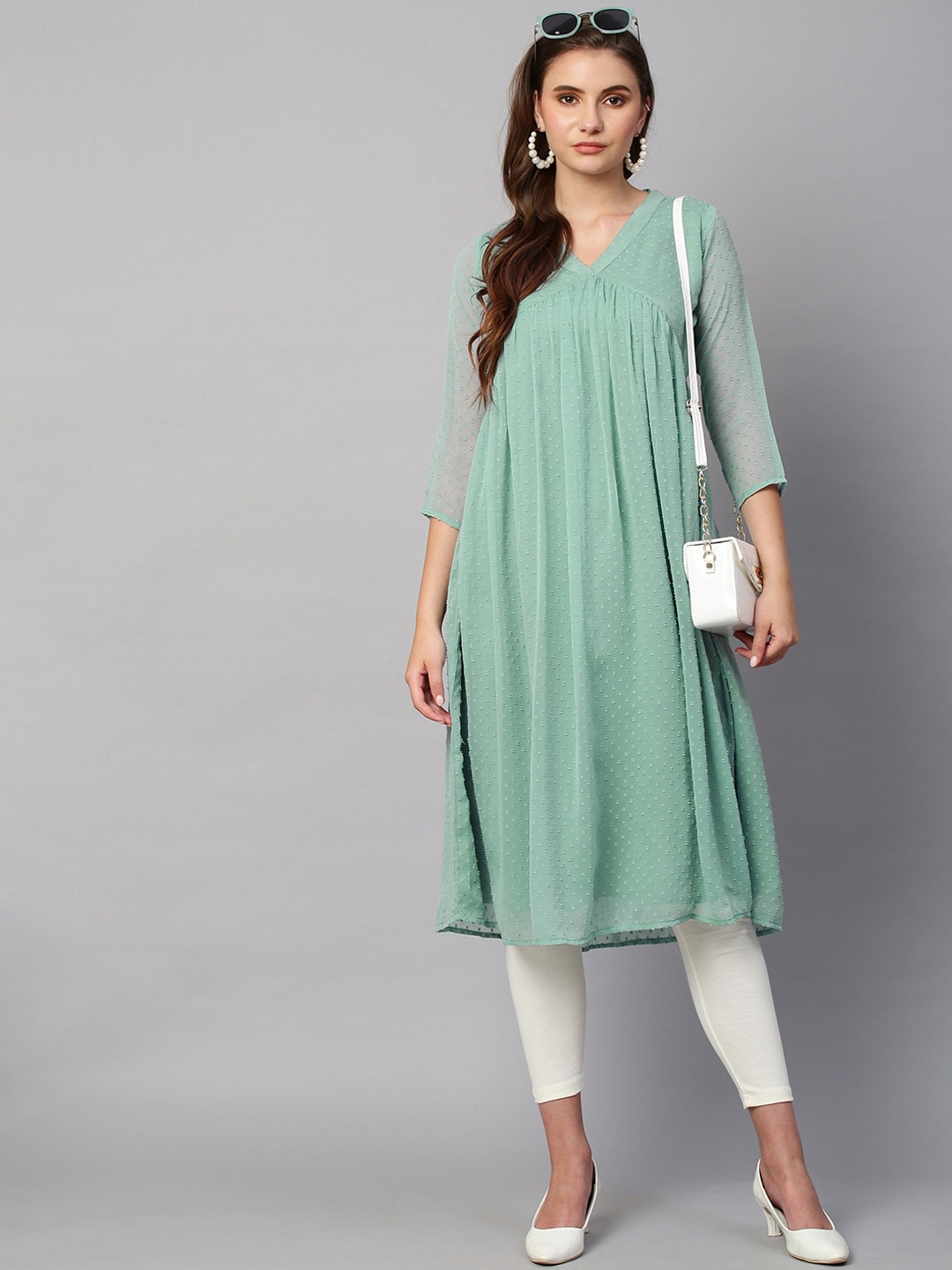 

RATAN Woven Design Mandarin Collar Empire Kurta, Blue