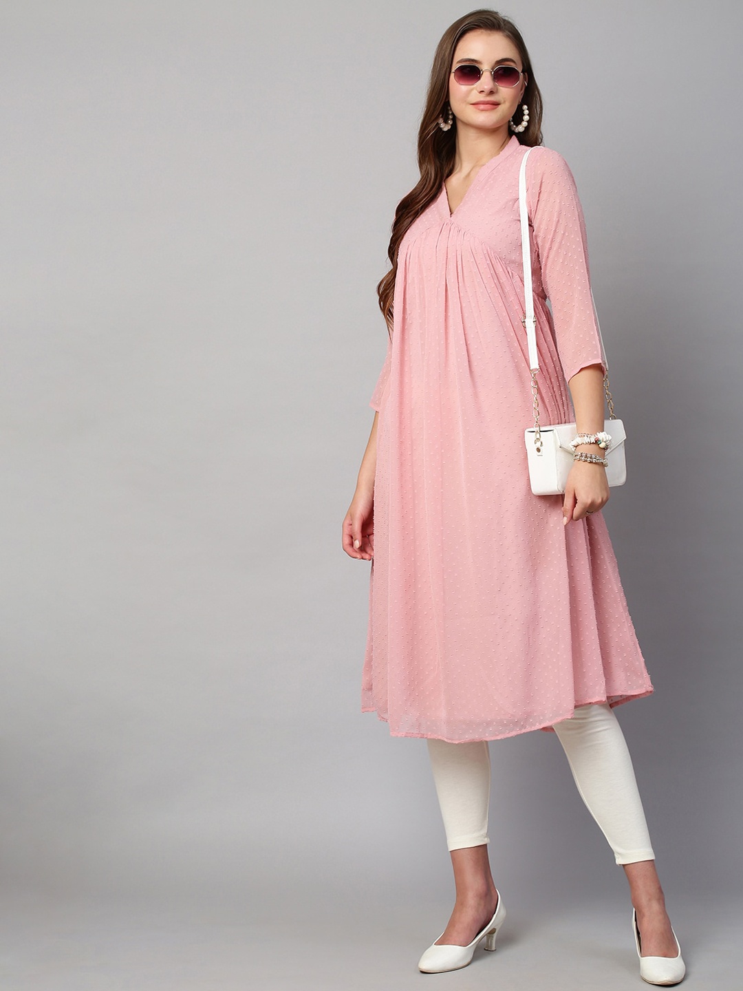 

RATAN Woven Design Mandarin Collar Empire Kurta, Pink