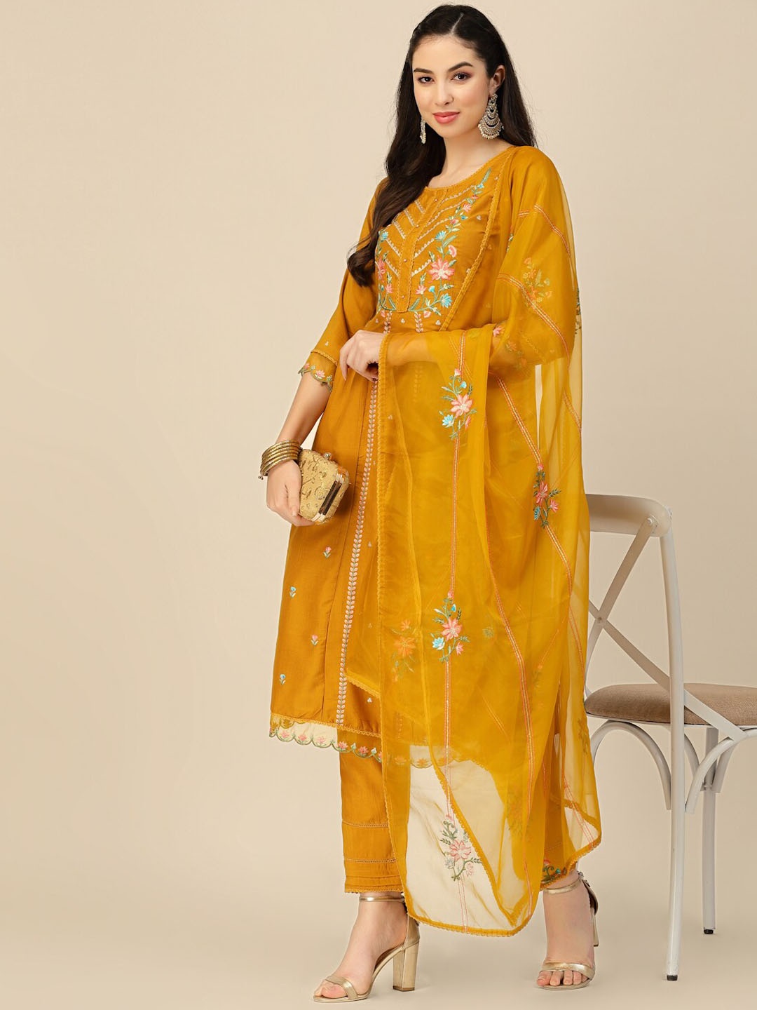

Sangria Embroidered Thread Work Kurta With Trouser & Dupatta, Mustard