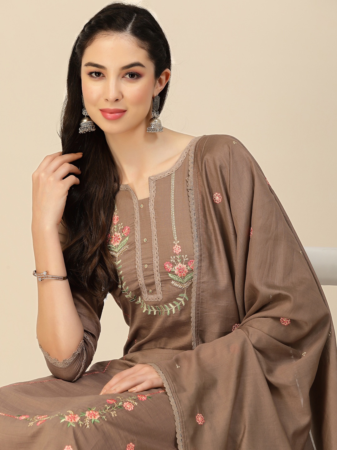 

Sangria Embroidered Straight Kurta With Trousers & Dupatta, Brown