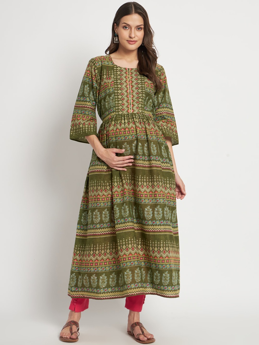 

Aujjessa Women Ethnic Printed Flared Sleeves Maternity Anarkali Kurta, Olive