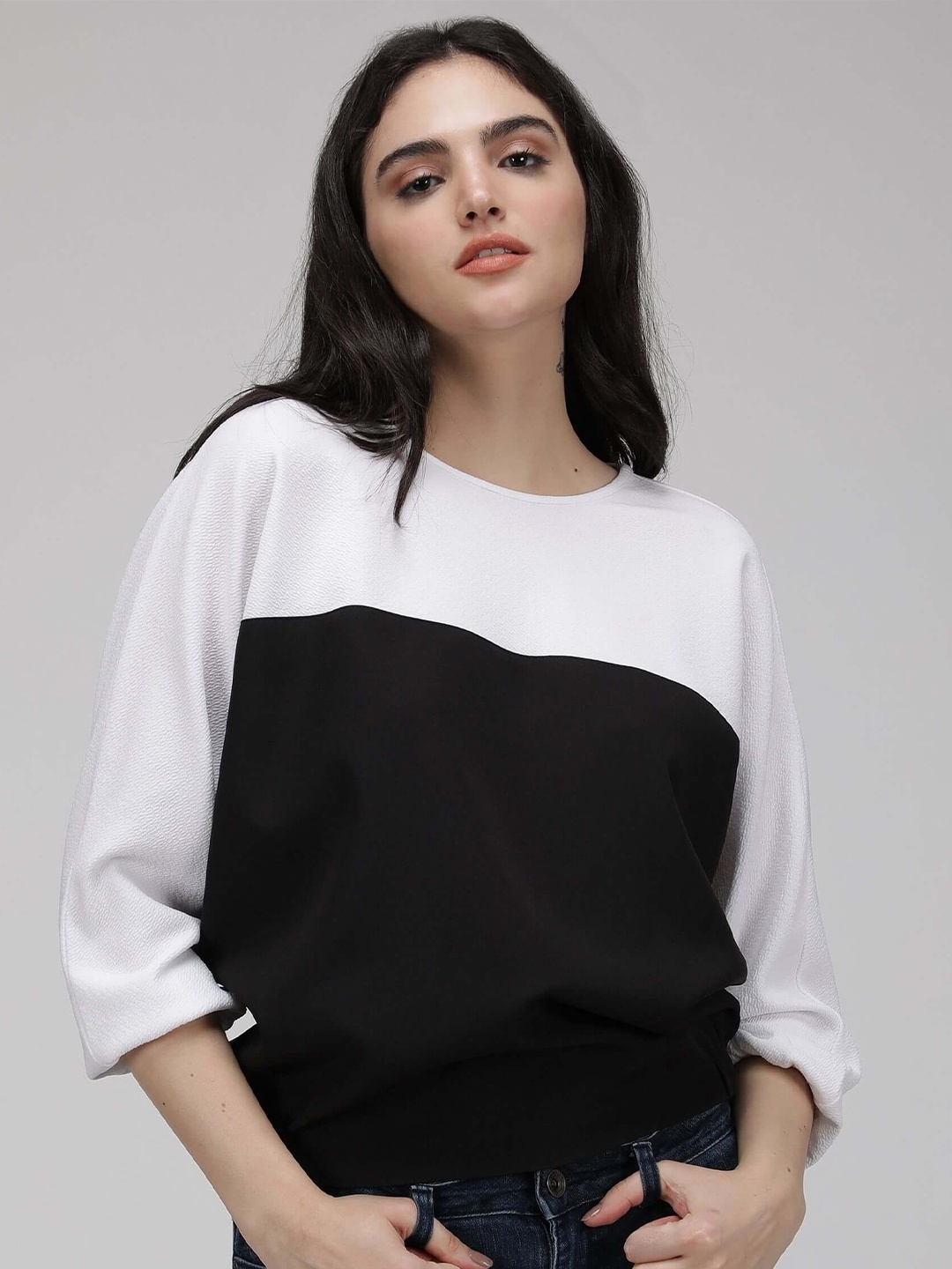 

IDK Colourblocked Extended Sleeves Crepe Top, Black