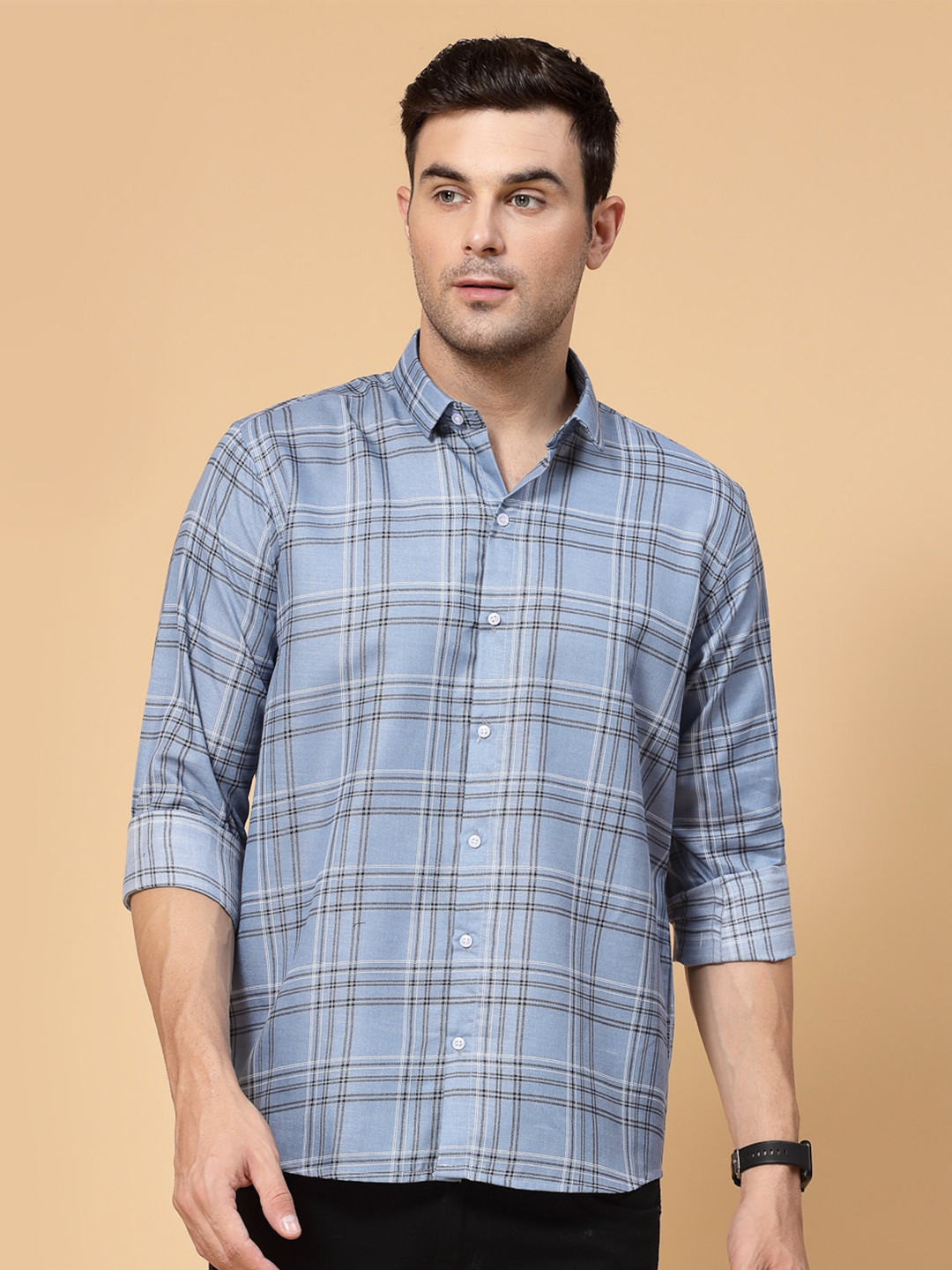 

allan peter Tartan Checked Cotton Casual Shirt, Blue