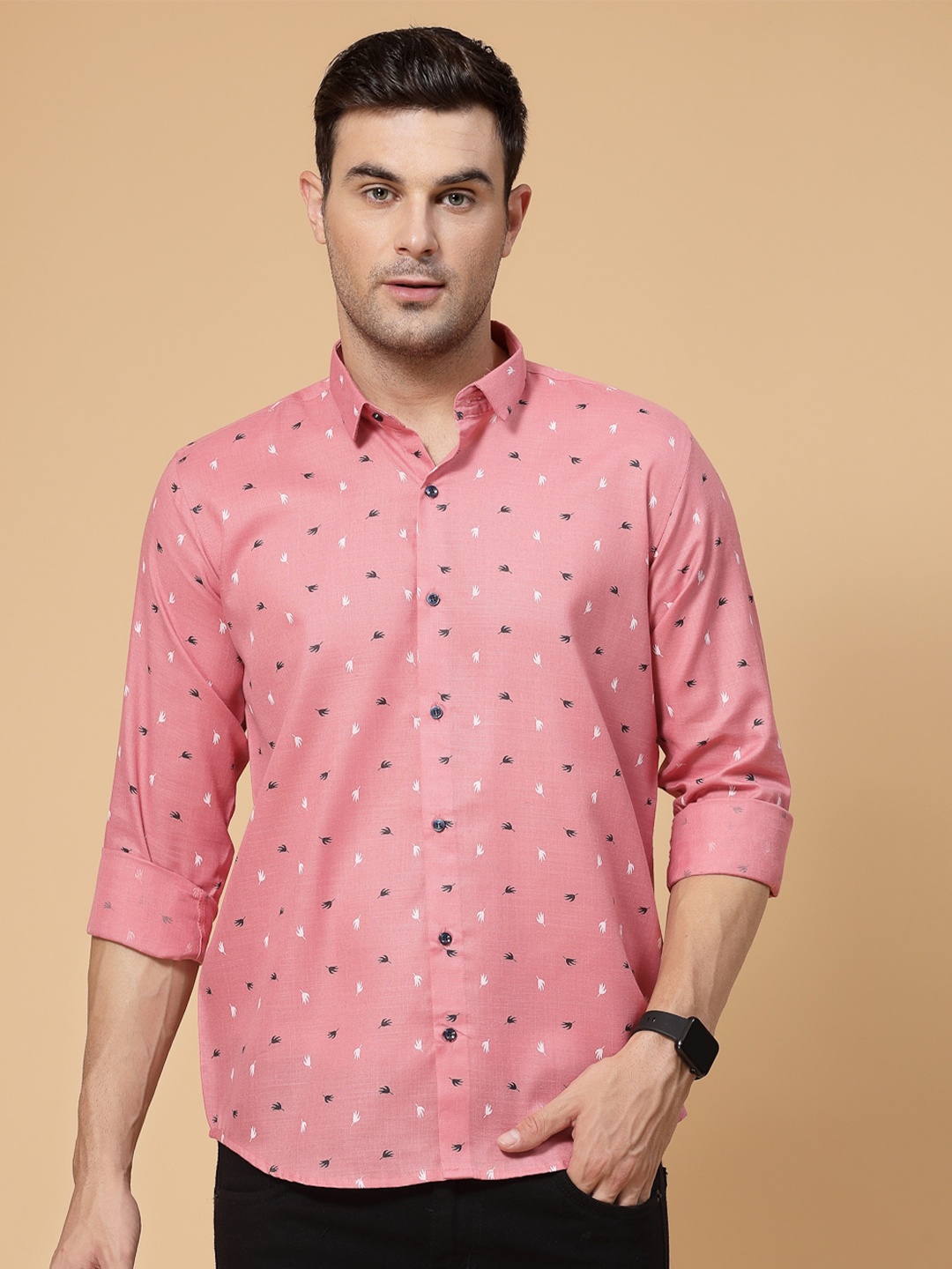 

allan peter Conversational Printed Cotton Casual Shirt, Peach