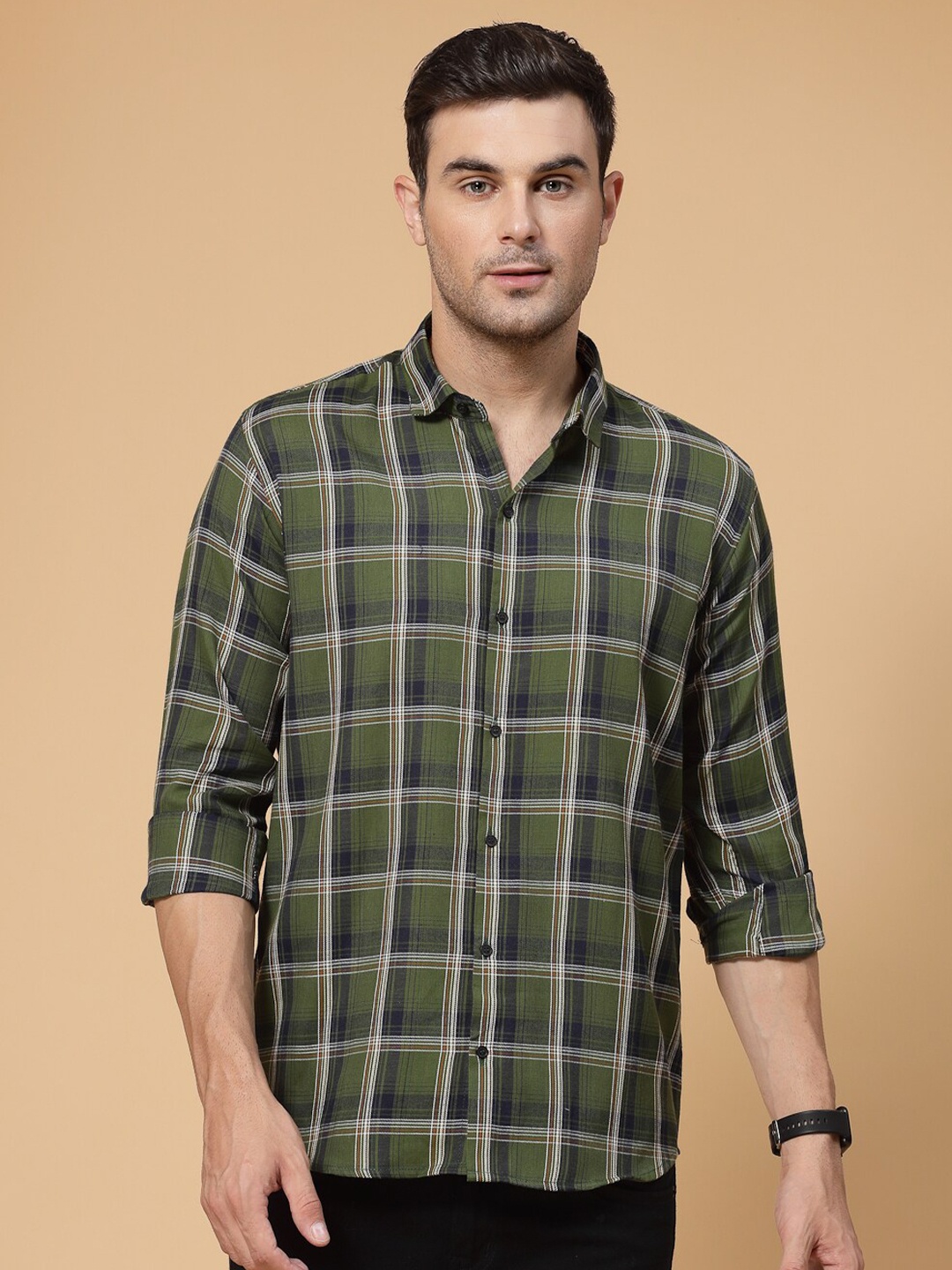 

allan peter Tartan Checked Cotton Casual Shirt, Olive
