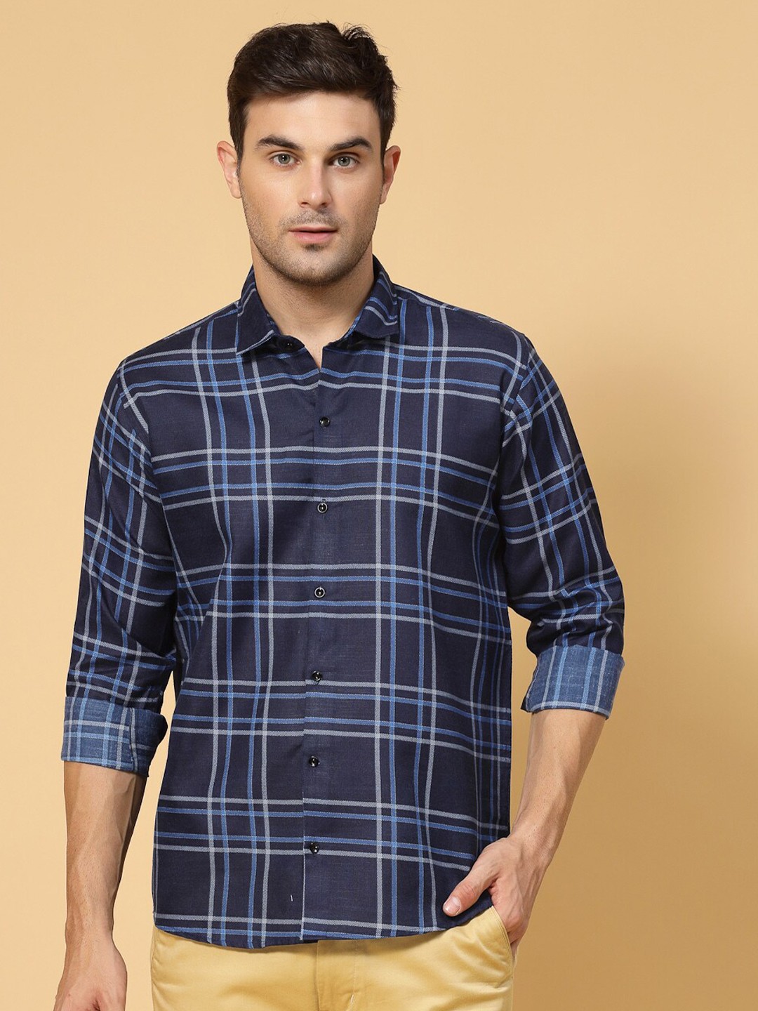 

allan peter Tartan Checked Cotton Casual Shirt, Navy blue