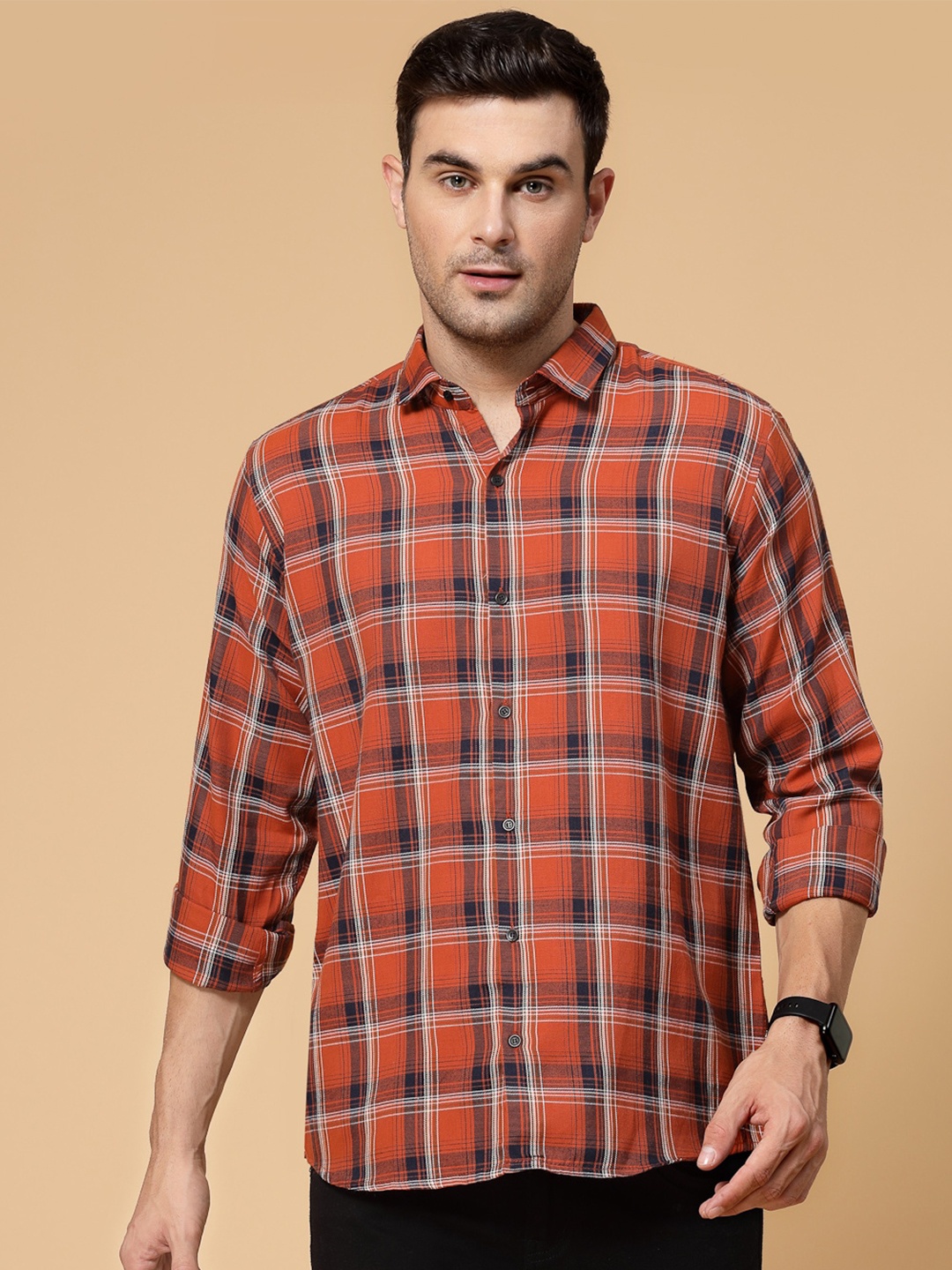 

allan peter Checked Cotton Casual Shirt, Orange