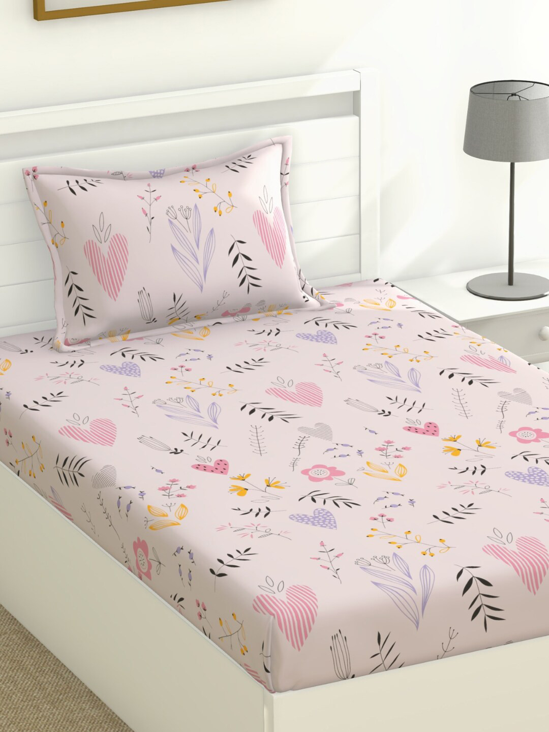 

haus & kinder Pink & Black Floral Pure Cotton 120 TC Single Bedsheet With 1 Pillow Cover, Peach