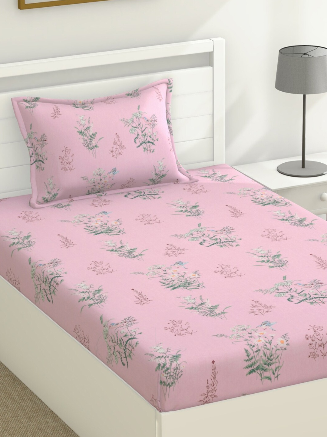 

haus & kinder Pink & Green Floral Pure Cotton 120 TC Single Bedsheet With 1 Pillow Cover