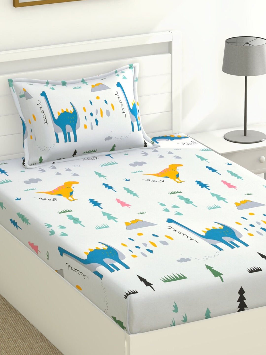 

haus & kinder Dinosaur White Printed Pure Cotton 120 TC Single Bedsheet & 1 Pillow Cover