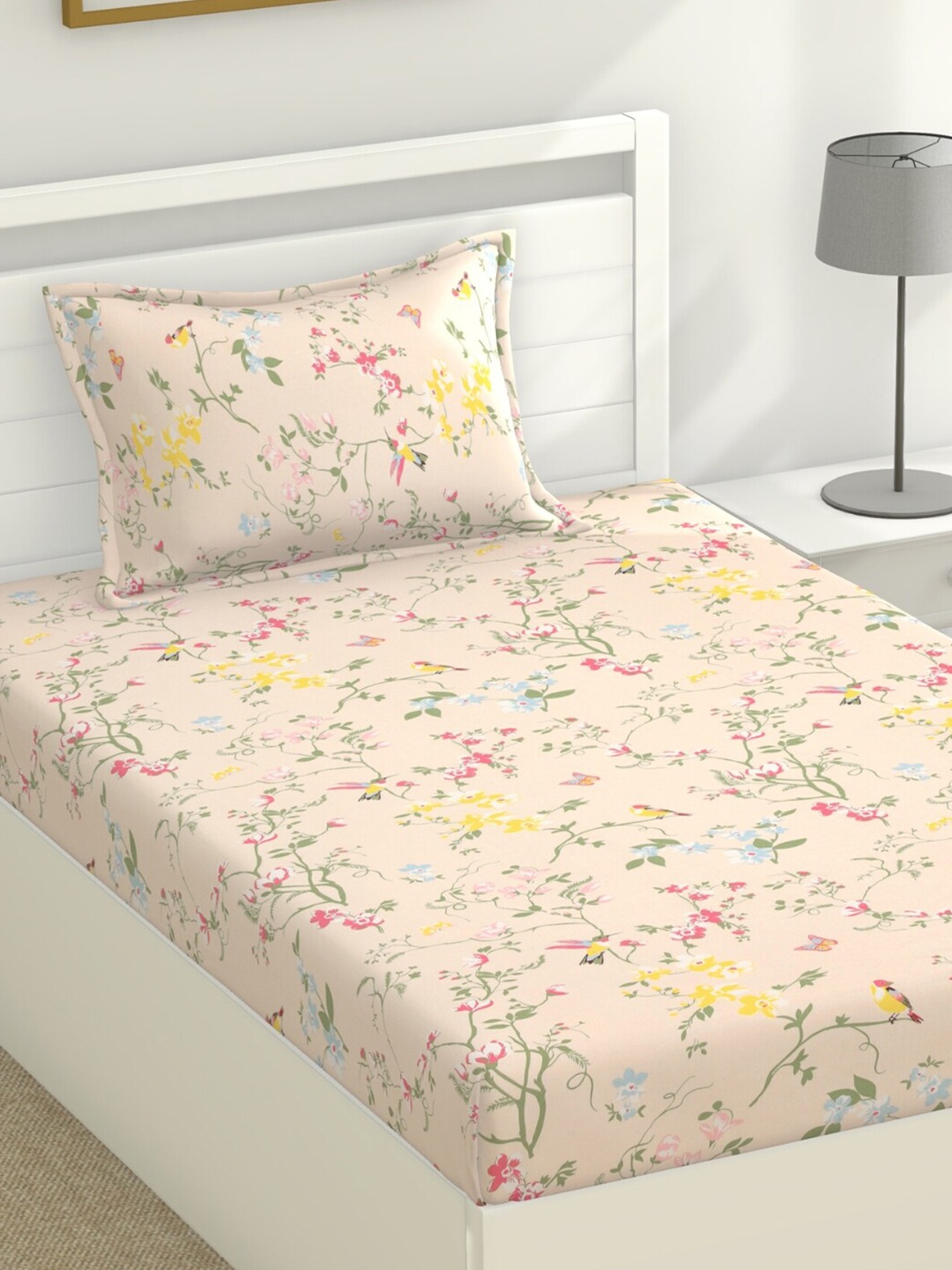 

haus & kinder Peach-Coloured Floral Pure Cotton 120 TC Single Bedsheet With 1 Pillow Cover