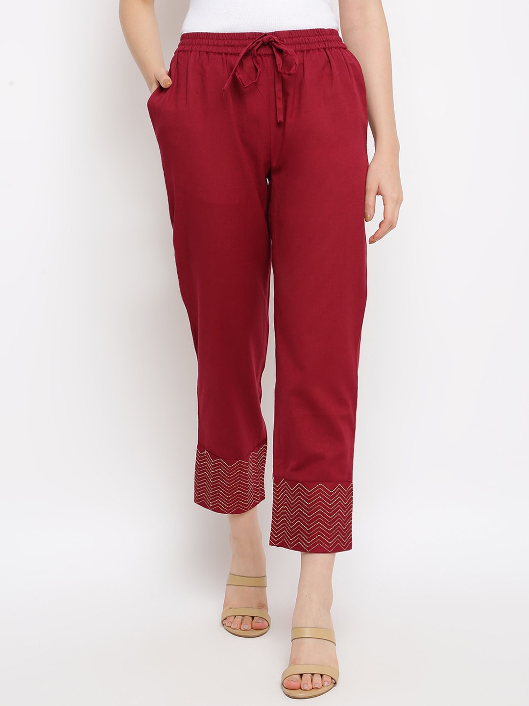

IMARA Women Straight Fit Cotton Trousers, Maroon