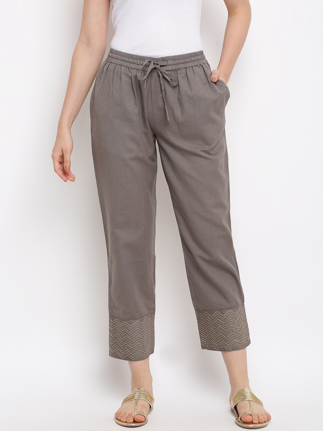 

IMARA Women Straight Fit Cotton Trousers, Grey